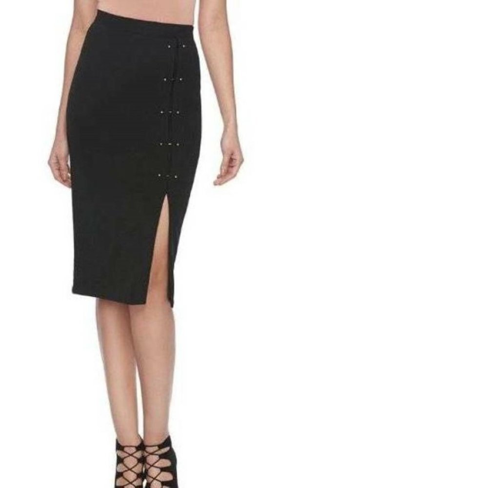 Jennifer Lopez Pencil Skirt Womens 8 Black Front Slit Studded Elastic Waist JLO
